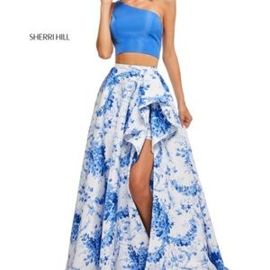 Blue and White Sherri Hill Two Piece Gown